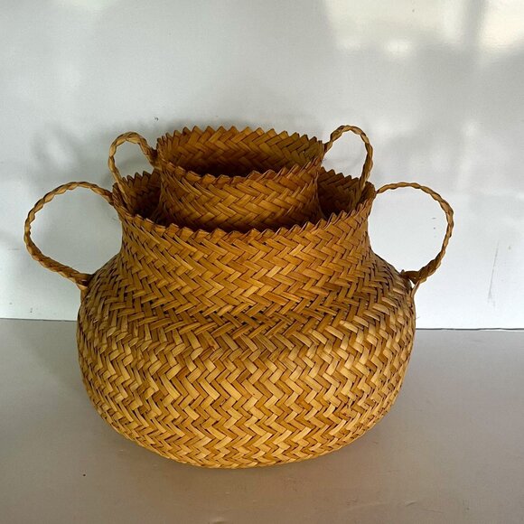 Set 2 Wicker Hand Woven Baskets Tan Handles Tarahumara Planters Boho RARE - Picture 2 of 16